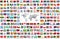 Vector set of all world flags arranged in alphabetical order isolated on white background. World map with countries names and bord