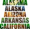 Vector set of American states word with animals - Alabama, Alaska, Arizona, Arkansas, California