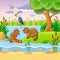 Vector set with animals and nature in a children`s style.