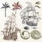 Vector set of antique ships and palms in vintage style.