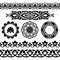 Vector set of Asian seamless tape, round and single patterns in the form of cotton in Uzbek national style. Black mockup on white