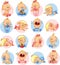 Vector set with baby boys and girls, baby care accessories, toys. Isolated vector illustration. Perfect for prints