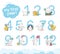 Vector set of baby calendar numerals/numbers with cute little bunny & duck walk, smile, sit isolated on white background.
