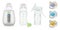 Vector set of baby care accessories, pacifier, bottle with silicone nipple for feeding newborns, bottle warmer, manual