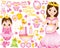 Vector Set for Baby Girl Shower with Pregnant Woman and Baby Girl Dresses as Princesses