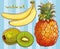 Vector set with banana, kiwi, pineapple
