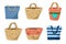 Vector set of beach bags. Color image of summer handbags made of jute, raffia and fabric. The concept of a summer holiday on the