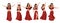 Vector set of beautiful brunette girls dancing oriental belly dance. Sexy woman in a red dress. Body positive and a favorite hobby