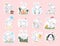 Vector set of beautiful children stickers with cute little white bunny character sitting, smiling, walking isolated.