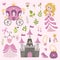 Vector set of beautiful princess, castle, carriage