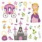 Vector set of beautiful princess, castle, carriage