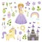 Vector set of beautiful princess, castle, unicorn