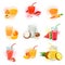 Vector set with berry, vegetable and fruit juice assortment. Cold drinks menu.