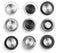 Vector set of black and chrome volume control buttons  on white background. Realistic 3d metal sound knobs. Tune