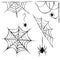 Vector set of black cobweb and hanging spiders isolated on white background. line art of spider webs and spiders for