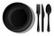 Vector set of black crockery and cutlery isolated on white background. Top view of ceramic plate, spoon, fork, knife