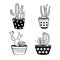 Vector set with black and white cactuses and succulents in pots.