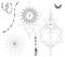 Vector set of black and white mystical elements isolated on white background. Sacred symbols, beads, feather.