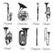 Vector set of black and white wind musical instruments