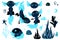 Vector set with blue black axolotls, seaweed, rocks, bubbles, stars for children design