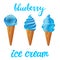 Vector Set of blue ice cream blueberry with of different shapes in a cup on transparent background lettering hand made text