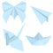 Vector Set of Blue Origami Objects: Plane, Boat, Butterfly, Crane.