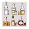 Vector set of bottles with alcohol and stemware