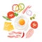 Vector set of breakfast products. Cheese, tomato, pepper, bacon, olives, ham, fried eggs. Isolated from background.