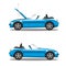 Vector set of broken cartoon cyan blue cabriolet sport car before and after crash isolated on white