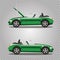 Vector set of broken cartoon green cabriolet sport car before and after accident isolated