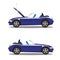 Vector set of broken cartoon navy blue cabriolet sport car before and after crash isolated on white