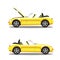 Vector set of broken cartoon yellow cabriolet sport car before and after crash isolated on white