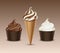 Vector set of Brown Chocolate White Classic Soft Serve Ice Cream Waffle Cone and Brown Carton Cup Close up Isolated on