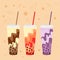 Vector set of bubble tea, chocolate, strawberry and blueberry taste with cream in plastic cup witn cap and straw.