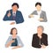 Vector set of business people sitting at the office desk. Listening, talking, writing, and reading business men and