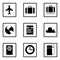 Vector. Set of business travel icons. Plane, suitcase, luggage, earth, map, calendar, cloud, passport, clock, time, tickets.
