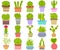 Vector set of cactus cacti aloe succulent plants with face in pot. Collection of flat styled hand drawn exotic houseplant