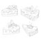 Vector set of cakes. Collection of black and white stylized desserts with fruit and cream. Sweet confectionery baking