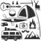 Vector set of camping objects isolated on white background. Travel icons and emblems. Adventure outdoor labels