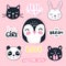 Vector set with cartoon animals - bear, panda, bunny, penguin, cat and cute phrases.