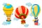 Vector set of cartoon animals flying on air balloons. Cute character design of balloons in the clouds.