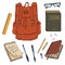 Vector Set of Cartoon Backpack and School Supplies