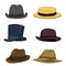 Vector Set of Cartoon Classical Types Hats. Homburg, Kanotie, Cylinder, Bowler, Fedora, Trilby.