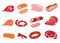 Vector set of cartoon food. Collection of stylized raw meat. Sliced assortment of fresh meat. Pork steaks and tenderloin