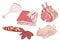 Vector set of cartoon food. Collection of stylized raw meat. Sliced assortment of fresh meat. Pork steaks and tenderloin