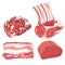 Vector set of cartoon food. Collection of stylized raw meat. Sliced assortment of fresh meat. Pork steaks and tenderloin