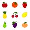 Vector set of cartoon fruit icons. Apple, orange, strawberry, pineapple, cherry, lemon, pear, grape, peach. Flat illustration.