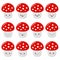 Vector set of cartoon images of funny evil amanita-mushrooms with red-white hats and white stipes, with different emotions on a