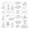 Vector set with cartoon space objects ufo rockets, astronaut,