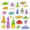 Vector set with cartoon space objects- ufo rockets, astronaut